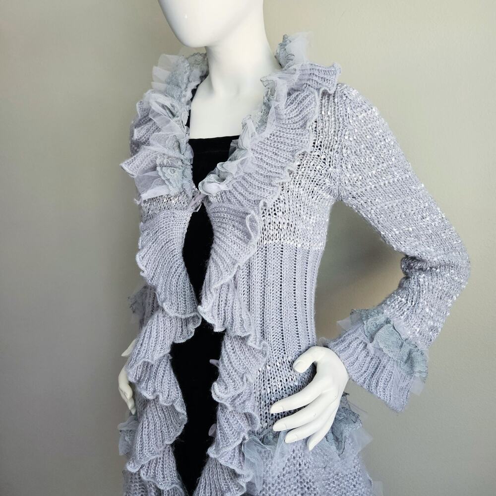 Y2K Whimsy Ruffle Lace Tulle Long Cardigan Witchy Fairy Boho Penny Lane Size S - Picture 5 of 12